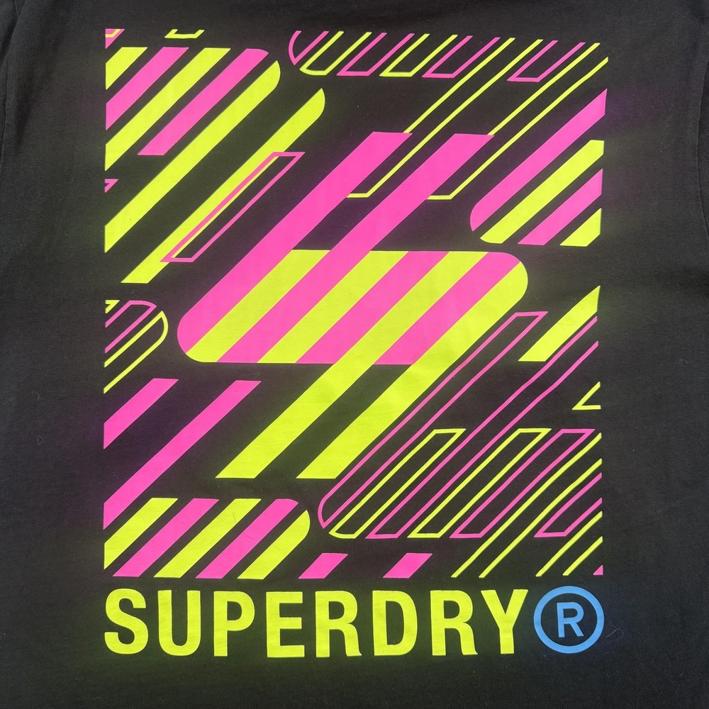 Superdry Shirt Mens Large Black Neon Stripe Logo Graphic Tee‎ Back Print